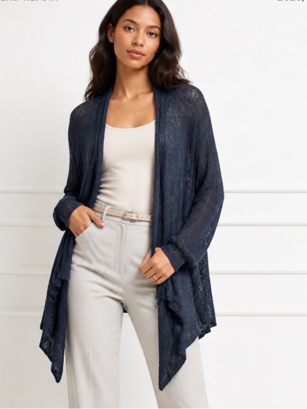 FREE PEOPLE Chunky Knit Cardigan Sweater Open Navy Blue Oversized Sheer Boho